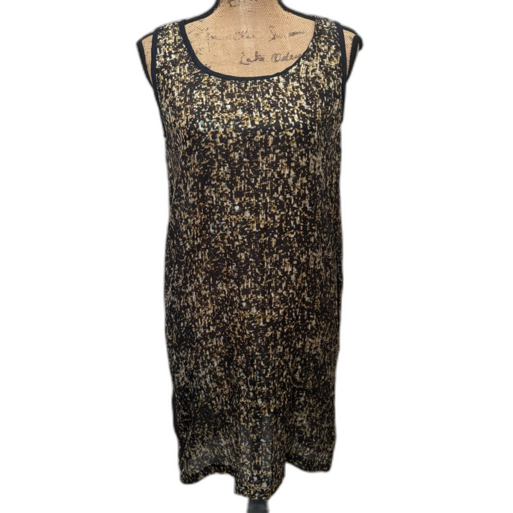 Roberta Freymann Sleeveless Shift Dress Chic Abstract Print Black Tan Size Small